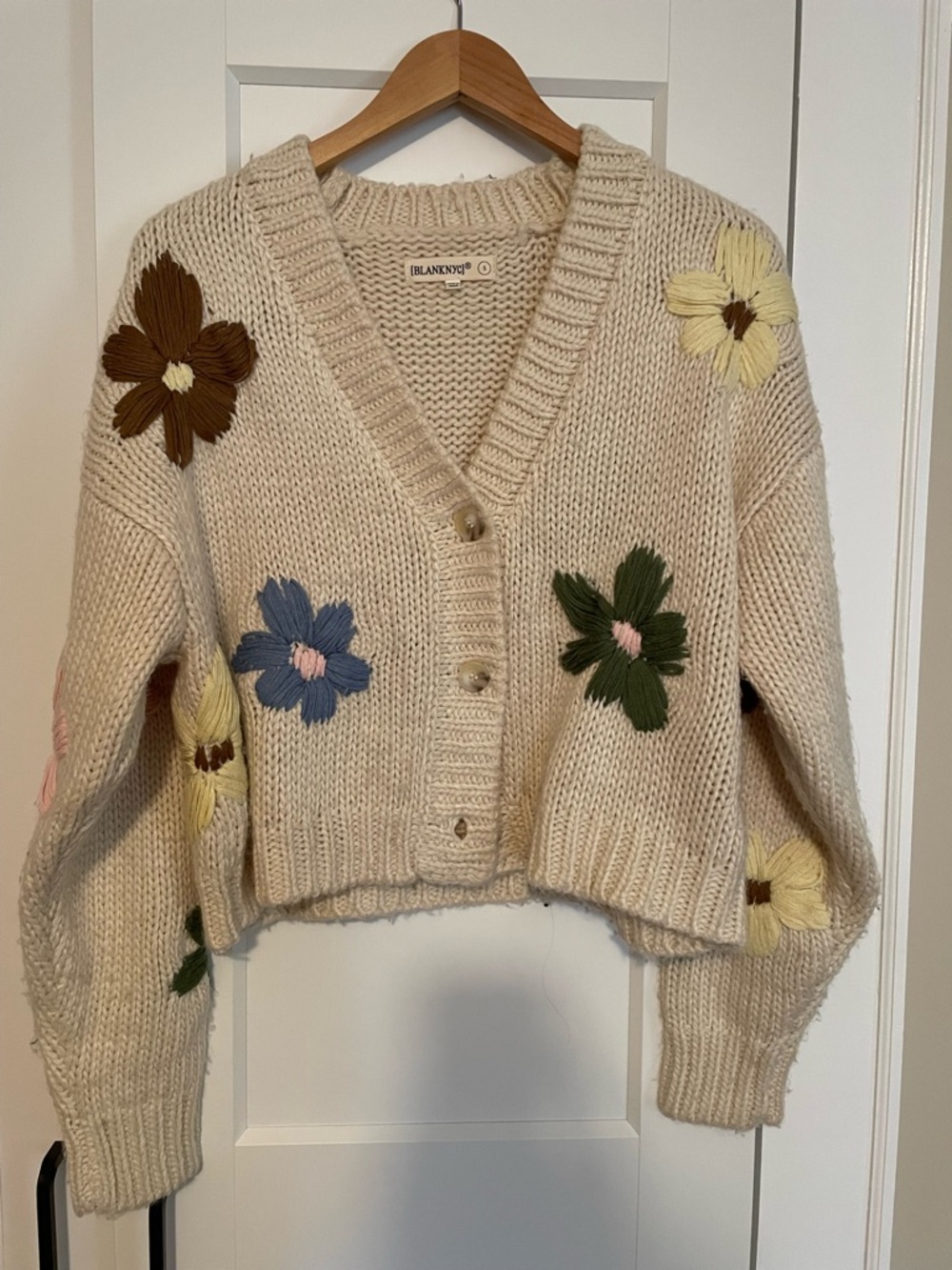 Blank NYC Cream Cropped Cardigan with Multicolor Floral Embroidery